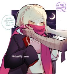 Rule 34 | 1girl, bandaged arm, bandages, barry nah, bikini, black jacket, blonde hair, blush, braid, closed eyes, cloud, commentary request, covered mouth, crescent moon, danganronpa (series), danganronpa 2: goodbye despair, english text, grey background, jacket, long arms, long sleeves, moon, navel, night, pink bikini, pink scarf, scarf, scarf over mouth, sleeves past fingers, sleeves past wrists, solo focus, sonia nevermind, speech bubble, spoken blush, stomach, swimsuit, tanaka gundham, upper body