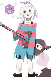 Rule 34 | 1girl, absurdres, bass guitar, black footwear, blue eyes, blush, boots, creatures (company), dress, fangs, game freak, gen 1 pokemon, hair bobbles, hair ornament, highres, holding, holding instrument, instrument, koffing, kurobeko (kur0bek0), long sleeves, looking at viewer, nintendo, open mouth, pokemon, pokemon bw2, roxie (pokemon), short hair, simple background, standing, striped clothes, striped dress, topknot, white background, white hair