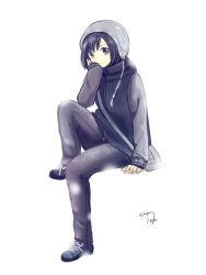 Rule 34 | androgynous, bad id, bad pixiv id, black eyes, black hair, clarinet (natsumi3230), full body, gender request, hand on own chin, head rest, kurata rine, looking at viewer, original, simple background, sitting, solo, white background