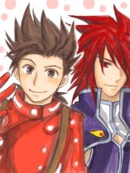 Rule 34 | 00s, age difference, brown eyes, brown hair, father and son, kratos aurion, lloyd irving, male focus, red eyes, red hair, short hair, smile, tales of (series), tales of symphonia