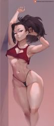 Rule 34 | 10s, 1girl, armpits, bare shoulders, black eyes, black hair, black panties, boku no hero academia, breasts, cleavage, cleavage cutout, clothing cutout, collarbone, covered erect nipples, curvy, cutesexyrobutts, female focus, frontal wedgie, hand in own hair, highres, large breasts, long hair, midriff, navel, neck, no bra, panties, parted lips, pink background, ponytail, simple background, solo, standing, stomach, thick thighs, thighs, underboob, underwear, wide hips, yaoyorozu momo
