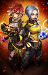 Rule 34 | 2girls, blue eyes, blue hair, borderlands (series), borderlands 2, fingerless gloves, gloves, gun, lilith (borderlands), lowleg, lowleg pants, maya (borderlands), multiple girls, pants, red hair, smile, tattoo, torn clothes, vusc, weapon, yellow eyes
