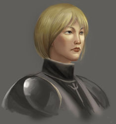 Rule 34 | 1girl, armor, blonde hair, clare (claymore), claymore (series), lips, nightblue-art, nose, pauldrons, realistic, short hair, shoulder armor, solo, upper body