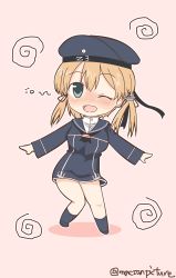 Rule 34 | 10s, 1girl, alternate costume, anchor hair ornament, blue eyes, chibi, cosplay, dress, drunk, hair ornament, hat, highres, kantai collection, kneehighs, mae (maesanpicture), orange hair, prinz eugen (kancolle), sailor dress, sailor hat, simple background, socks, solo, twintails, twitter username, z3 max schultz (kancolle), z3 max schultz (kancolle) (cosplay)