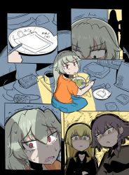 Rule 34 | 10s, alternate costume, anchovy (girls und panzer), blonde hair, carpaccio (girls und panzer), casual, cd, comic, controller, eating, food, game console, game controller, girls und panzer, green eyes, hair down, long hair, messy room, multiple girls, neneichido, open mouth, pasta, pepperoni (girls und panzer), playstation 1, red eyes, short hair, translation request