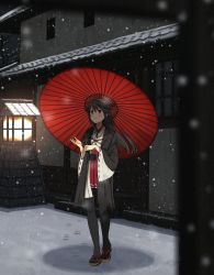 Rule 34 | 1girl, annin musou, bad id, bad twitter id, black hair, black pantyhose, blush, brown eyes, commentary request, hair between eyes, hairband, haruna (kancolle), headgear, holding, holding umbrella, japanese clothes, kantai collection, long hair, nontraditional miko, oil-paper umbrella, pantyhose, pleated skirt, red skirt, red umbrella, ribbon-trimmed sleeves, ribbon trim, sandals, skirt, snow, snowing, solo, standing, umbrella, wide sleeves, zouri