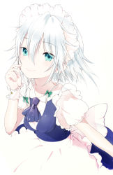 Rule 34 | 1girl, absurdres, apron, ascot, bad id, bad pixiv id, blue eyes, bow, braid, dress, frills, hair bow, hair ornament, headdress, highres, holding, holding own hair, izayoi sakuya, looking at viewer, maid headdress, outstretched arm, puffy sleeves, ribbon, shirt, short hair, short sleeves, silver hair, simple background, smile, solo, sparkle, touhou, twin braids, white background, white shirt, wrist cuffs, yamada ranga