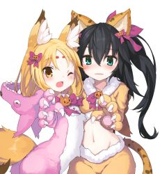 Rule 34 | 2girls, absurdres, animal costume, animal ear fluff, animal ears, animal hands, armadillon, black hair, blonde hair, blue eyes, blush, bow, brown eyes, claw pose, collarbone, cowboy shot, fake animal ears, fake tail, fang, food-themed hair ornament, fox ears, fox tail, fur trim, gloves, hair between eyes, hair bow, hair ornament, highres, hikimayu, leopard ears, leopard tail, long hair, looking at viewer, midriff, multiple girls, navel, one eye closed, open mouth, original, parted bangs, parted lips, paw gloves, pink bow, pumpkin hair ornament, side ponytail, simple background, tail, white background, wolf costume