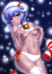 Rule 34 | 1girl, bare shoulders, bell, blurry, blurry background, blush, bow, breasts, christmas stocking, closed mouth, covering nipples, covering privates, crop top, dark-skinned female, dark skin, fate/grand order, fate/prototype, fate/prototype: fragments of blue and silver, fate (series), hassan of serenity (fate), hassan of serenity (merry sheep) (fate), hat, highres, hip focus, horns, knitting needle, looking at viewer, medium breasts, midriff, navel, needle, panties, purple eyes, purple hair, red bow, santa hat, sheep horns, sheep tail, short hair, smile, snowing, solo, string, tail, thighhighs, thighs, underboob, underwear, white panties, white thighhighs, zen
