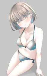 Rule 34 | 1girl, bare arms, bare shoulders, bikini, breasts, brown eyes, brown hair, closed mouth, collarbone, comah, commentary request, front-tie bikini top, front-tie top, grey background, hair between eyes, hair ornament, hairclip, head tilt, highres, looking at viewer, medium breasts, navel, original, shadow, side-tie bikini bottom, simple background, smile, solo, striped bikini, striped clothes, swimsuit, vertical-striped bikini, vertical-striped clothes