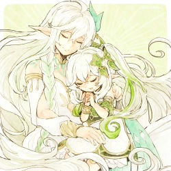 Rule 34 | 2girls, ahoge, banira (ri0115ka), bare shoulders, border, braid, closed eyes, collar, detached sleeves, dress, feet out of frame, floating hair, genshin impact, green hair, hair between eyes, hair ornament, hand on another&#039;s shoulder, hands up, height difference, hug, interlocked fingers, long hair, metal collar, multicolored hair, multiple girls, nahida (genshin impact), open mouth, outside border, own hands clasped, own hands together, pointy ears, rukkhadevata (genshin impact), side braid, side ponytail, single braid, sitting, sitting on lap, sitting on person, smile, streaked hair, twitter username, two-tone hair, white border, white dress, white hair, yellow background