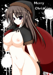 Rule 34 | 1girl, black capelet, black gloves, black hat, blush, breasts, brown hair, capelet, cowboy shot, facing viewer, female focus, fur-trimmed headwear, fur trim, gift bag, gloves, hat, highres, inverted nipples, legs together, long hair, looking at viewer, lovelovemaid, medium breasts, merry christmas, naked capelet, navel, nipples, nude, purple eyes, pussy, santa hat, smile, solo, standing, uncensored
