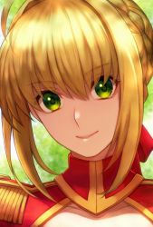 Rule 34 | 1girl, absurdres, ahoge, blonde hair, braid, collarbone, epaulettes, fate/extra, fate/grand order, fate (series), french braid, green eyes, hair intakes, head tilt, highres, kankitsurui (house of citrus), lips, looking at viewer, nero claudius (fate), nero claudius (fate) (all), smile, solo