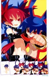 Rule 34 | 1boy, 1girl, antenna hair, blue hair, blush, bracelet, clenched hand, disgaea, earrings, elbow gloves, etna (disgaea), fang, gloves, grin, harada takehito, highres, jewelry, laharl, makai senki disgaea, making-of, multicolored background, navel, official art, pointy ears, red eyes, red hair, short hair, skull earrings, slit pupils, smile, spiked hair, topless male, twintails, unfinished