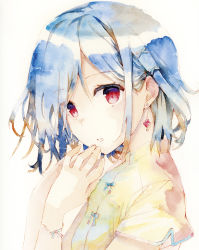 Rule 34 | 1girl, blue bow, blue hair, bow, commentary request, dress, earrings, fingernails, grey background, hair bow, hands up, highres, jewelry, looking at viewer, naruse chisato, original, own hands together, painting (medium), red eyes, short sleeves, simple background, solo, traditional media, upper body, watercolor (medium), white bow, yellow dress