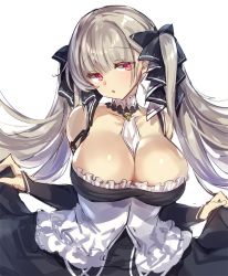 Rule 34 | 1girl, azur lane, bad id, bad twitter id, between breasts, black dress, blush, breasts, cleavage, curtsey, dress, formidable (azur lane), frilled dress, frills, grey hair, hair ribbon, large breasts, long hair, looking at viewer, open mouth, pokoten (pokoten718), red eyes, ribbon, simple background, solo, twintails, two-tone dress, two-tone ribbon, white background