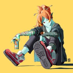 Rule 34 | 1girl, alternate costume, automatic giraffe, black hoodie, black pants, can, closed mouth, collarbone, colored sclera, full body, hair ornament, hairpin, highres, holding, holding can, hood, hoodie, long hair, looking to the side, midna, nintendo, orange hair, pants, red eyes, red footwear, shoes, simple background, sitting, smile, sneakers, solo, the legend of zelda, the legend of zelda: tears of the kingdom, yellow background, yellow sclera
