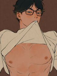Rule 34 | 1boy, akaashi keiji, black hair, blush, brown background, brown sweater, chengongzi123, clothes lift, commentary, green eyes, haikyuu!!, highres, looking at viewer, male focus, mouth hold, nipples, shirt lift, short hair, simple background, sweat, sweater, symbol-only commentary, turtleneck, turtleneck sweater, upper body, very short hair