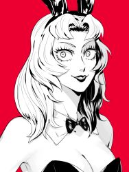 Rule 34 | 1girl, anagosamaeru, animal ears, bare shoulders, bow, bowtie, breasts, cleavage, detached collar, devilman, devilman crybaby, eyelashes, fake animal ears, greyscale, greyscale with colored background, grin, leotard, lips, looking at viewer, medium hair, monochrome, parted bangs, parted lips, playboy bunny, psycho jenny, rabbit ears, red background, sharp teeth, simple background, smile, solo, strapless, teeth, upper body, wide-eyed, wing collar