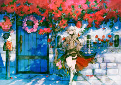 Rule 34 | 1girl, alisaie leveilleur, blue eyes, boots, bouquet, braid, door, earrings, elezen, elf, final fantasy, final fantasy xiv, flower, hair between eyes, hair ribbon, jewelry, long hair, looking to the side, mailbox (incoming mail), moogle, peppermint jet, pointy ears, ponytail, ribbon, smile, solo, thigh strap, white hair