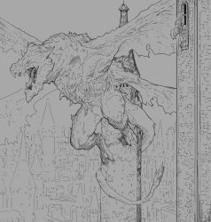 Rule 34 | 1girl, commentary, dragon, english commentary, fantasy, greyscale, hat, monochrome, original, outdoors, princess, scenery, spread wings, tower, window, y naf