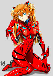 Rule 34 | 1girl, blue eyes, bodysuit, breasts, evangelion: 3.0+1.0 thrice upon a time, grey background, hair between eyes, head rest, highres, interface headset, long hair, looking at viewer, neon genesis evangelion, orange hair, plugsuit, rebuild of evangelion, red bodysuit, simple background, sitting, skin tight, small breasts, solo, souryuu asuka langley, standing, twintails, two side up, very long hair, yamayoshi