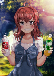 Rule 34 | 1girl, ahoge, alternate costume, arashi (kancolle), blue dress, bottle, breasts, collarbone, dress, grey eyes, hair intakes, haoto (arnica leaf), highres, holding, holding bottle, kantai collection, looking at viewer, messy hair, outdoors, pinafore dress, red hair, shirt, short sleeves, sleeveless dress, small breasts, smile, solo, upper body, white shirt