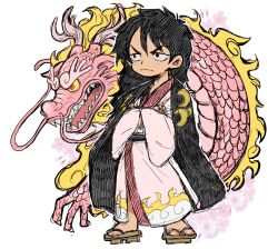 Rule 34 | 1boy, absurdres, alternate form, black cape, black hair, cape, closed mouth, colored sclera, colored skin, commentary request, dragon, dual persona, eastern dragon, full body, geta, highres, hk hr05, japanese clothes, kimono, kouzuki momonosuke, male focus, one piece, ong hair, pink kimono, pink skin, red eyes, scales, sharp teeth, teeth, white background, yellow sclera