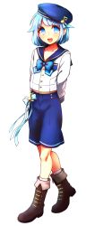 Rule 34 | 10s, 1boy, :d, bad id, bad pixiv id, blue eyes, blue hair, blush, boots, ensemble stars!, full body, hat, hat ribbon, highres, male focus, matching hair/eyes, open mouth, porupu, ribbon, sailor collar, sailor hat, shino hajime, short hair, simple background, smile, solo, transparent background, trap, white background