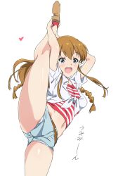Rule 34 | 1girl, arms up, belt, belt buckle, blue eyes, blue shorts, blush, braid, breasts, brown belt, brown footwear, brown hair, buckle, crop top, cropped shirt, denim, denim shorts, dot nose, heart, highres, holding own leg, idolmaster, idolmaster million live!, idolmaster million live! theater days, kousaka umi, leg up, long hair, looking at viewer, medium breasts, midriff, navel, open mouth, panties, pantyshot, red shirt, red socks, shirt, shoes, short sleeves, shorts, simple background, smile, socks, solo, spread legs, standing, standing on one leg, striped clothes, striped shirt, teeth, tied shirt, twin braids, umanosuke, underwear, upper teeth only, white background, white panties, white shirt