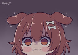 Rule 34 | 1girl, :3, animal ears, blush stickers, bone hair ornament, brown eyes, brown hair, chibi, dog ears, empty eyes, extra ears, flapping ears, grey background, hair ornament, hairclip, hololive, inugami korone, kukie-nyan, solo, twitter username, virtual youtuber, yandere