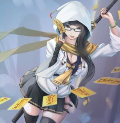 Rule 34 | 1girl, :p, arm up, arm warmers, black eyes, black hair, bracelet, breasts, cleavage, dutch angle, glasses, holding, holding sword, holding weapon, hood, hood up, hooded jacket, jacket, jewelry, kikivi, large breasts, long hair, looking at viewer, ofuda, original, pleated skirt, school uniform, serafuku, side slit, skirt, solo, sword, thigh strap, thighhighs, tongue, tongue out, weapon