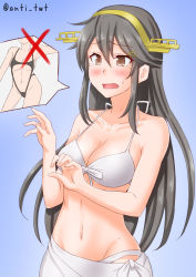 Rule 34 | 1girl, anti (untea9), bikini, black hair, blue background, breasts, brown eyes, cleavage, commentary request, cowboy shot, gradient background, hair ornament, hairband, hairclip, haruna (kancolle), headgear, highres, kantai collection, long hair, medium breasts, open mouth, sarong, solo, swimsuit, twitter username, white bikini, white sarong