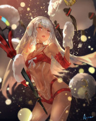 Rule 34 | 1girl, :o, altera (fate), altera the santa (fate), artist name, azomo, bare shoulders, bra, bright pupils, choker, cowboy shot, dark-skinned female, dark skin, detached sleeves, earmuffs, fate/grand order, fate (series), gloves, headband, highres, holding, light particles, looking up, mittens, navel, open mouth, panties, red bra, red choker, red eyes, red panties, sheep, short hair, solo, standing, tattoo, underwear, veil, white gloves, white theme