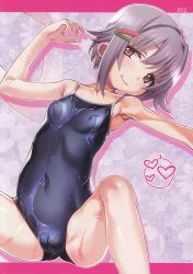 Rule 34 | 1girl, absurdres, amania orz, armpits, bare shoulders, blue one-piece swimsuit, blush, breasts, brown eyes, cameltoe, closed mouth, collarbone, competition school swimsuit, covered clitoris, covered erect nipples, covered navel, eyes visible through hair, hair ornament, hairclip, heart, highres, huge filesize, idolmaster, idolmaster cinderella girls, koshimizu sachiko, looking at viewer, lotion, one-piece swimsuit, purple hair, scan, school swimsuit, shiny skin, short hair, small breasts, smile, solo, spread legs, swimsuit, zoom layer