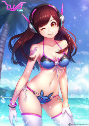 Rule 34 | 1girl, ;), adapted costume, animal band, animal print, artist request, bangle, bare shoulders, bikini, blue bikini, blue sky, blurry, body writing, bracelet, breasts, brown eyes, brown hair, character name, cleavage, closed mouth, cloud, contrapposto, cowboy shot, d.va (overwatch), day, depth of field, diffraction spikes, eyelashes, fingernails, front-tie bikini top, front-tie top, gloves, half gloves, halterneck, hand on own thigh, headphones, horizon, jewelry, jurrig, legs apart, lens flare, long hair, looking at viewer, medium breasts, navel, ocean, one eye closed, outdoors, overwatch, overwatch 1, palm tree, rabbit print, shiny skin, side-tie bikini bottom, skin tight, skindentation, sky, smile, solo, sparkle, standing, string bikini, swept bangs, swimsuit, tan, tattoo, thighhighs, tree, water drop, watermark, web address, white gloves, white thighhighs