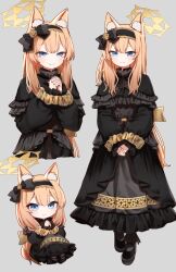 Rule 34 | 1girl, animal ears, black bow, black capelet, black dress, black footwear, black hairband, blue archive, bow, capelet, chibi, chibi inset, dress, full body, gothic lolita, hairband, halo, highres, lolita fashion, long sleeves, mari (blue archive), morotake, multiple views, own hands clasped, own hands together, smile, standing, upper body