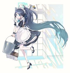 Rule 34 | &lt;key&gt; (robot) (blue archive), 1girl, puff of air, absurdres, apron, aris (blue archive), aris (maid) (blue archive), black dress, black footwear, black hair, blue archive, blue eyes, blue hair, blue ribbon, bucket, bucket of water, closed mouth, commentary, denshoku 97, dress, floating hair, gradient hair, highres, holding, holding bucket, indoors, long hair, looking ahead, maid apron, maid headdress, mop, multicolored hair, neck ribbon, pantyhose, ponytail, ribbon, running, short sleeves, sigh, smile, solo, standing, standing on one leg, swept bangs, very long hair, white apron, white pantyhose, window, wrist cuffs