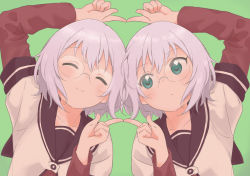 Rule 34 | 2girls, 9so (ponchon), absurdres, arm up, black sailor collar, closed eyes, closed mouth, collarbone, commentary request, facing viewer, fingers together, fusion dance, green background, green eyes, hand up, highres, ikeda chitose, ikeda chizuru, layered sleeves, light purple hair, long sleeves, looking at another, looking to the side, multiple girls, nanamori school uniform, sailor collar, school uniform, serafuku, shirt, short hair, short over long sleeves, short sleeves, siblings, simple background, sisters, smile, twins, white shirt, yuru yuri