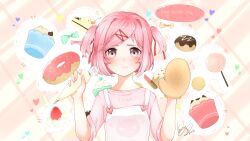Rule 34 | 1girl, :t, absurdres, animal ears, apron, artist name, blush, bob cut, bow, breasts, candy, casual, cat ears, cat symbol, cheesecake, cherry, close-up, closed mouth, commentary, cookie, cosmetics, cupcake, dated, doki doki literature club, doughnut, eclair (food), english commentary, english text, food, fruit, furrowed brow, hair ornament, hair ribbon, hands up, heart, highres, holding, holding food, icing, light frown, lipstick tube, lollipop, long sleeves, natsuki (doki doki literature club), oven mitts, pastry, pastry bag, pink apron, pink background, pink eyes, pink hair, pink shirt, plaid, plaid background, portrait, pout, red ribbon, ribbon, romaji text, saki (waneristhebest), shirt, signature, sleeves rolled up, small breasts, solo, speech bubble, sprinkles, strawberry, swept bangs, two-tone background, two side up, upper body, w arms, white apron, x hair ornament, yellow background