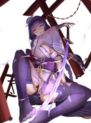 Rule 34 | 1girl, absurdres, braid, breasts, bridal gauntlets, chinese commentary, cleavage, coattails, commentary request, electricity, feet, flower, genshin impact, hair ornament, highres, holding hands, japanese clothes, katana, kimono, large breasts, long hair, long sleeves, looking to the side, mitsudomoe (shape), mole, mole under eye, mouma, no shoes, obi, obiage, obijime, open mouth, panties, purple eyes, purple flower, purple hair, raiden shogun, sash, simple background, sitting, smile, solo, sword, tassel, thighhighs, tomoe (symbol), torii, underwear, weapon, white background, wide sleeves