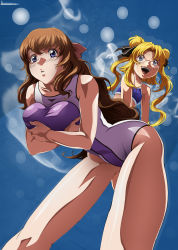Rule 34 | 00s, 2girls, :d, absurdres, bent over, bikini, blonde hair, blue eyes, blush, breast hold, breasts, brown hair, embarrassed, flat chest, glasses, hair ribbon, highres, huge breasts, impossible clothes, kikuchi katsuya, kujou miu, kurogane no linebarrel, large breasts, long hair, looking back, multiple girls, official art, one-piece swimsuit, open mouth, purple eyes, rachel calvin, ribbon, sensei-kun, smile, swimsuit, tankini, thighs, tree, twintails, vector trace, wide hips
