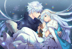 Rule 34 | 1boy, 1girl, anastasia (fate), artist name, blue cloak, blue eyes, brown eyes, brown hairband, carrying, character name, cloak, commentary, crown, doll, dress, english commentary, fate/grand order, fate (series), fur-trimmed cloak, fur trim, hairband, holding, holding doll, kadoc zemlupus, long dress, long hair, lucidsky, mini crown, princess carry, royal robe, silver hair, very long hair, white dress