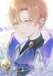 Rule 34 | 1boy, ascot, blonde hair, blue ascot, collared shirt, commentary, ear chain, ear piercing, earrings, flower, highres, jewelry, jishio, kaitou shinshi no harahara!? white day (project sekai), looking at viewer, male focus, multicolored hair, official alternate costume, official alternate hairstyle, orange eyes, orange hair, parted lips, piercing, portrait, project sekai, shinonome akito, shirt, short hair, solo, streaked hair, turtleneck, two-tone hair, white background