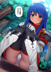 Rule 34 | 1girl, absurdres, armor, backlighting, black thighhighs, blue eyes, blue hair, blue sky, blush, boots, breastplate, bush, caeda (fire emblem), cameltoe, closed mouth, cloud, day, dress, dutch angle, elbow gloves, embarrassed, female focus, fire emblem, forest, gloves, hands on own knees, have to pee, highres, japanese text, knee boots, knees together feet apart, long hair, looking down, matching hair/eyes, natsuki shuri, nature, nintendo, outdoors, panties, pantyshot, pegasus, red dress, short dress, short sleeves, shoulder armor, sidelocks, sky, solo, speech bubble, squatting, talking, thighhighs, translation request, tree, trembling, underwear, upskirt, white footwear, white gloves, white panties