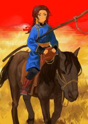 Rule 34 | blue tunic, earrings, grass, highres, holding, holding reins, holding stick, horseback riding, jewelry, mongolian clothes, nanimonothing, original, ponytail, red ribbon, red sky, reins, ribbon, riding, saddle, sky, stick, tassel, tassel earrings, traditional clothes, tucked beneath arm, tunic