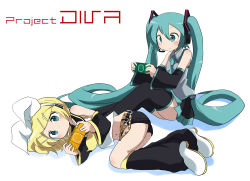 Rule 34 | 2girls, aqua eyes, aqua hair, bad id, bad pixiv id, blonde hair, detached sleeves, hair ornament, hair ribbon, hairclip, handheld game console, hatsune miku, headphones, kagamine rin, long hair, lying, massala, multiple girls, necktie, on side, playing games, playstation portable, project diva, project diva (series), ribbon, short hair, sitting, skirt, thighhighs, twintails, very long hair, video game, vocaloid, zettai ryouiki