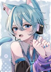 Rule 34 | 1girl, :o, animal ear fluff, animal ears, bare shoulders, black sleeves, blue background, blue eyes, blue hair, blue nails, blue necktie, blush, bound, bound wrists, cat ears, cat girl, cat tail, collared shirt, commentary, crying, crying with eyes open, detached sleeves, earclip, fangs, frilled shirt, frills, grey shirt, hair between eyes, hatsune miku, headset, highres, kemonomimi mode, long sleeves, looking at viewer, medium hair, microphone, naguno-0713, nail polish, necktie, number tattoo, open collar, open mouth, ribbon, ribbon bondage, shirt, sidelocks, signature, simple background, sleeveless, sleeveless shirt, solo, symbol-only commentary, tail, tattoo, tears, teeth, upper body, upper teeth only, vocaloid, wolf cut