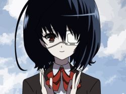 Rule 34 | 1girl, animated, animated gif, another, artist request, black hair, clapping, cloud, cloudy sky, congratulations, day, drawfag, eyepatch, lowres, misaki mei, neon genesis evangelion, parody, red eyes, school uniform, short hair, simple background, sky, smile, solo, source request, upper body