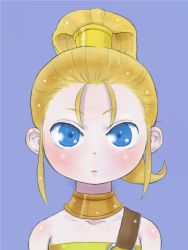 Rule 34 | 1girl, bare shoulders, blonde hair, blue eyes, chrono trigger, closed mouth, collar, detached collar, ebimomo, high ponytail, looking at viewer, marle (chrono trigger), metal collar, ponytail, portrait, purple background, sidelocks, simple background, solo, strap